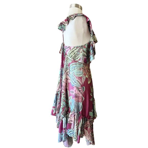 PATBO Tent Dress Red Floral Dress Ruffle Short Sleeves Plungeline Small EUC - Picture 3 of 10